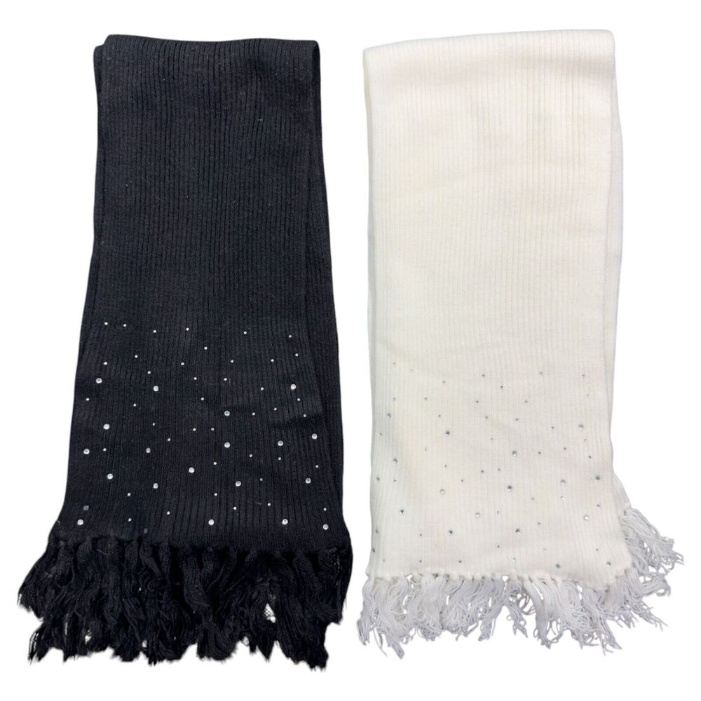 Lot of 2 Women's Black White Beaded Fringe Soft Winter Wrap Long Wide Neck Scarf